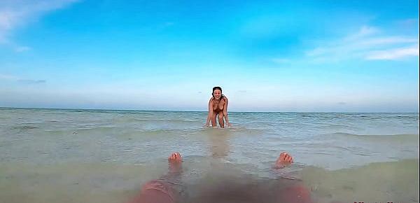 Nude Cutie Public Blowjob Big Dick and Swallows Cum on the Sea Beach